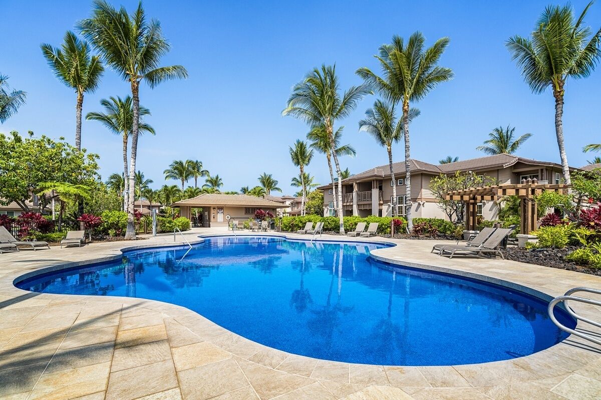 A swimming pool surrounded by palm trees and lounge chairs, with a building in the background.