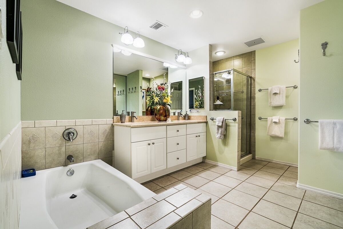 A bathroom with a large bathtub, a shower, and a vanity with a mirror.