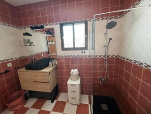 Combined shower/tub, bidet, towels, soap