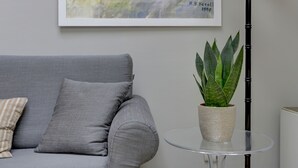 Een grijze bank met twee kussens, een potplant op een bijzettafeltje en een lijst met kunstwerk aan de muur.