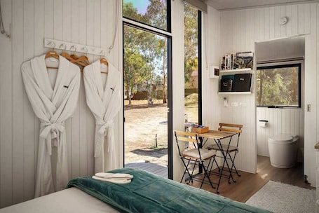 1 bedroom, bed sheets. Womburra Vineyard Tiny Stay by Tiny Away