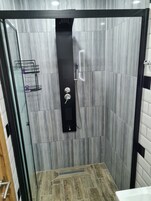A modern shower enclosure with a glass door, a black control panel, and a showerhead.