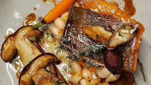 A plated dish with various vegetables and fish, garnished with herbs. - Vilajoun (Joucas)