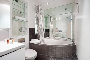 Combined shower/tub, hair dryer, towels, soap
