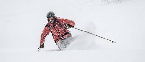 A person skiing down a snowy slope.
