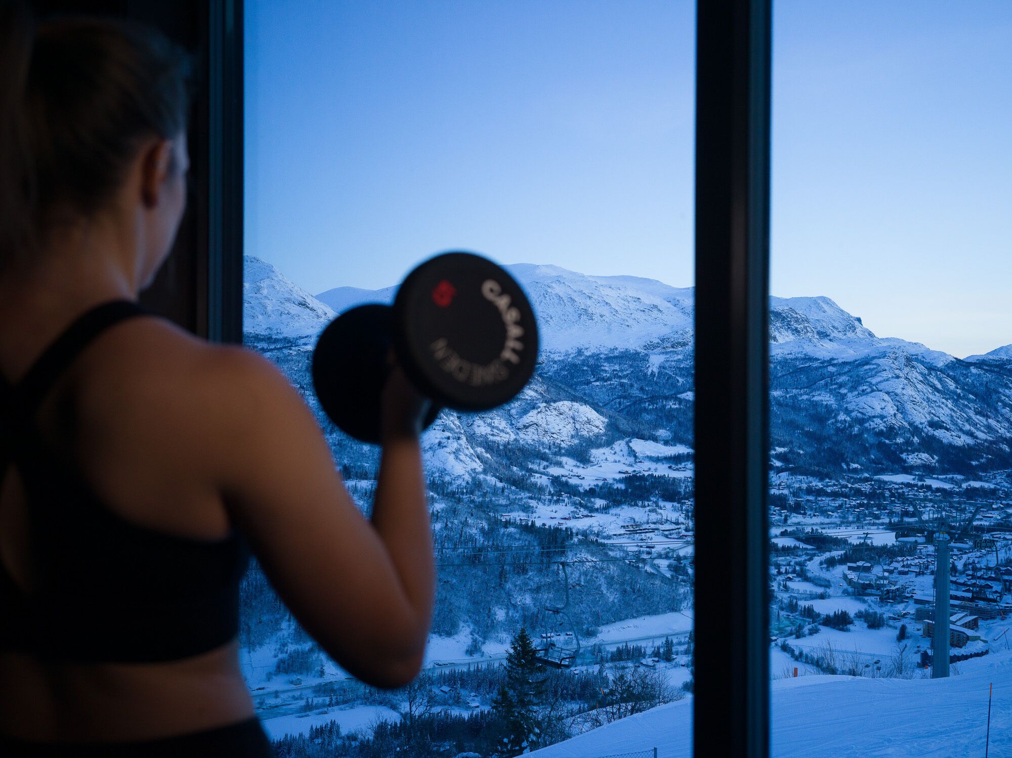 A person exercising with a dumbbell in front of a window overlooking a snowy mountainous landscape.