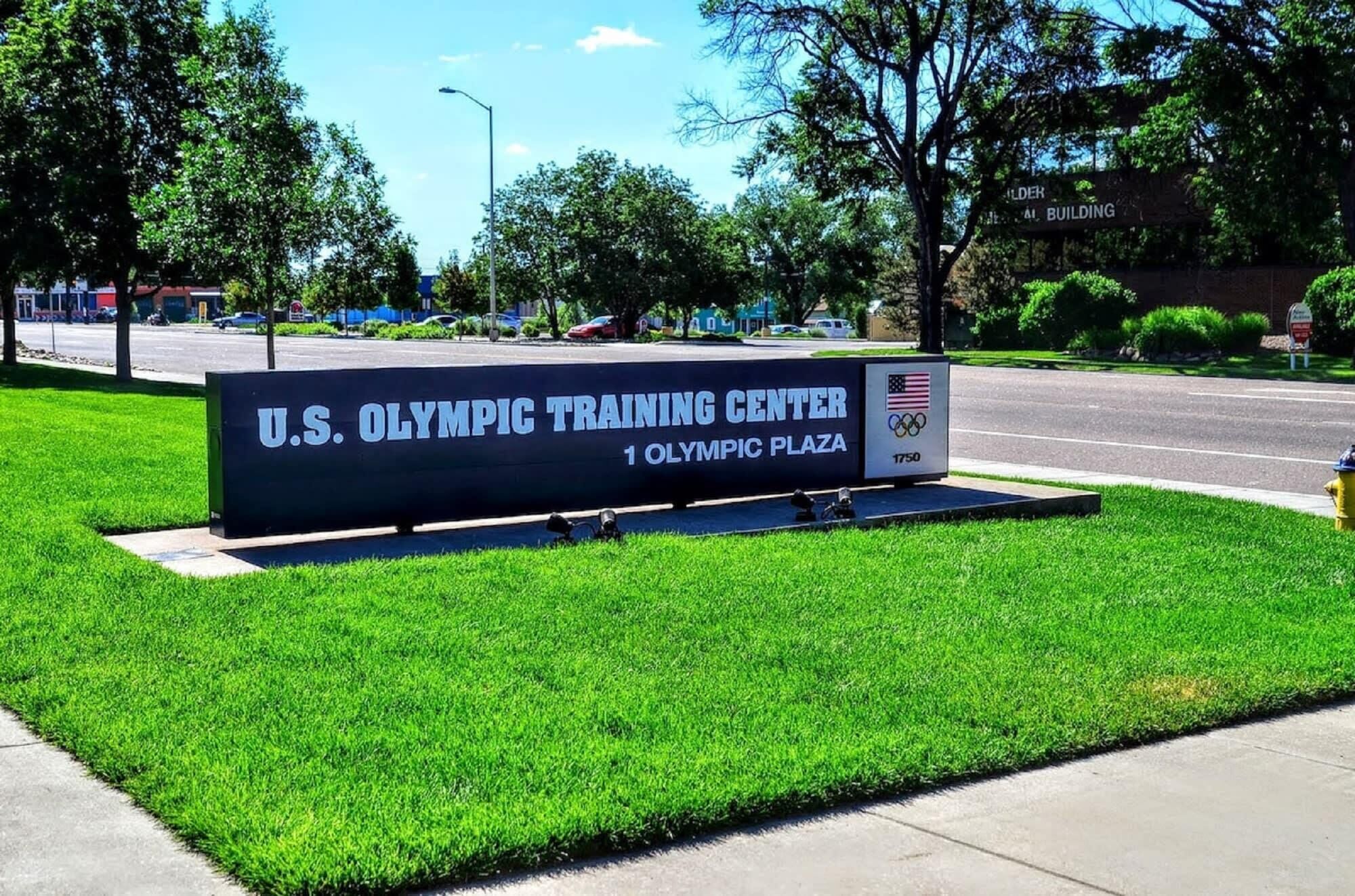 A sign for the U.S. Olympic Training Center at 1 Olympic Plaza.
