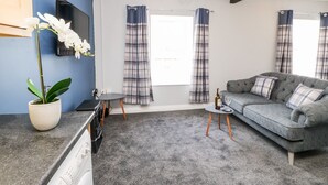 A modern living room with a grey sofa, a small table, a potted plant, a washing machine, and plaid curtains. - 3 Kings Mews (Richmond)