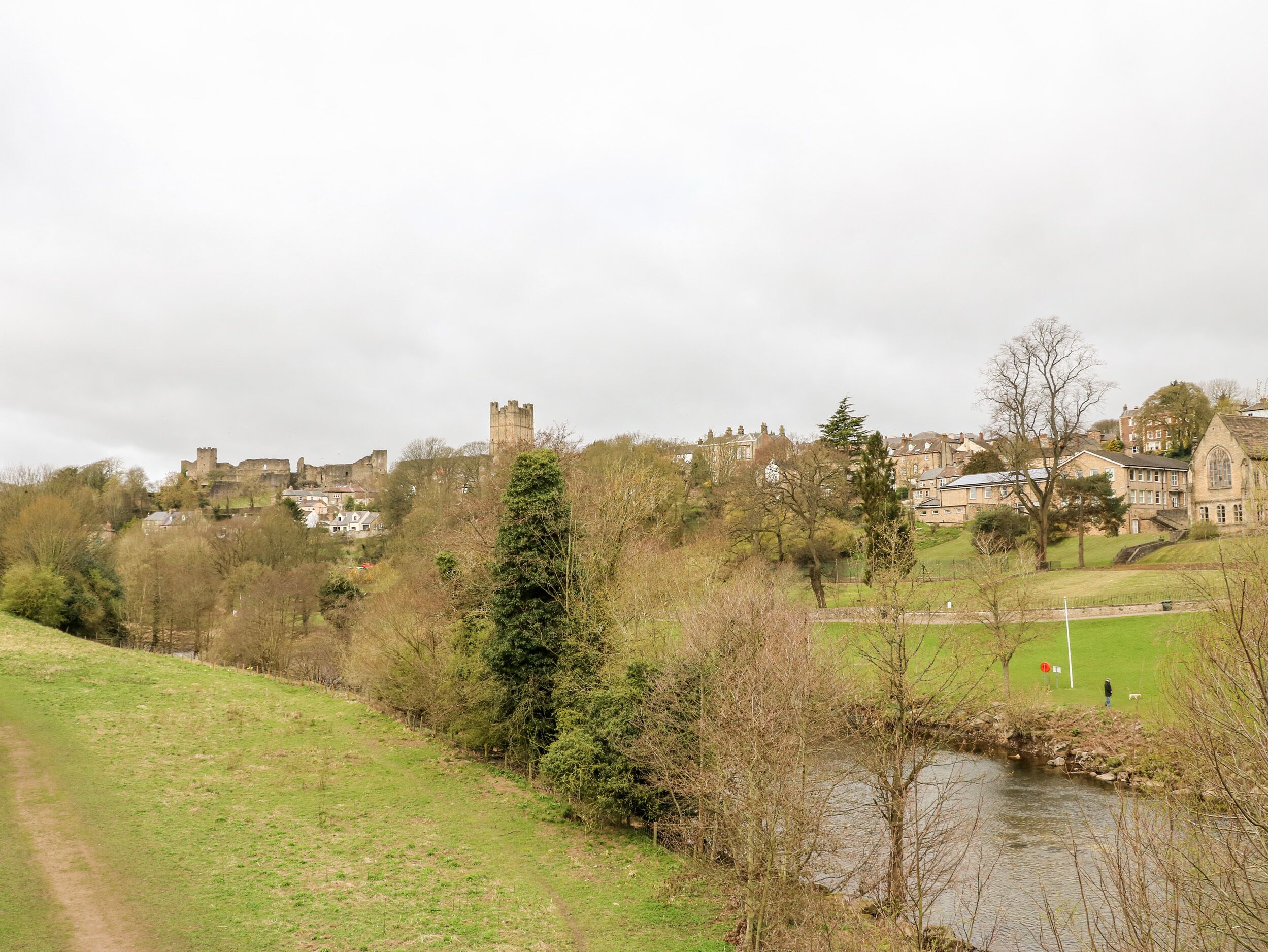 A historic castle on a hill overlooking a town with residential buildings and a river.