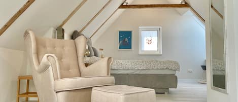 Smart TV, fireplace, books, stereo