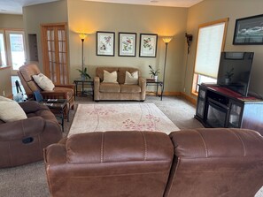 TV, fireplace, DVD player, video library