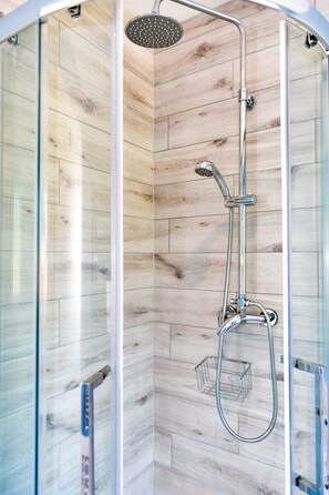 A glass-enclosed shower with a wooden wall, a handheld showerhead, and a handheld shower hose. - Just Stay Wales - Hartwell House Mumbles (Swansea)