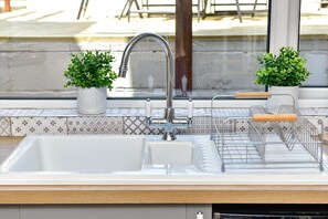 Full-size fridge, microwave, oven, stovetop