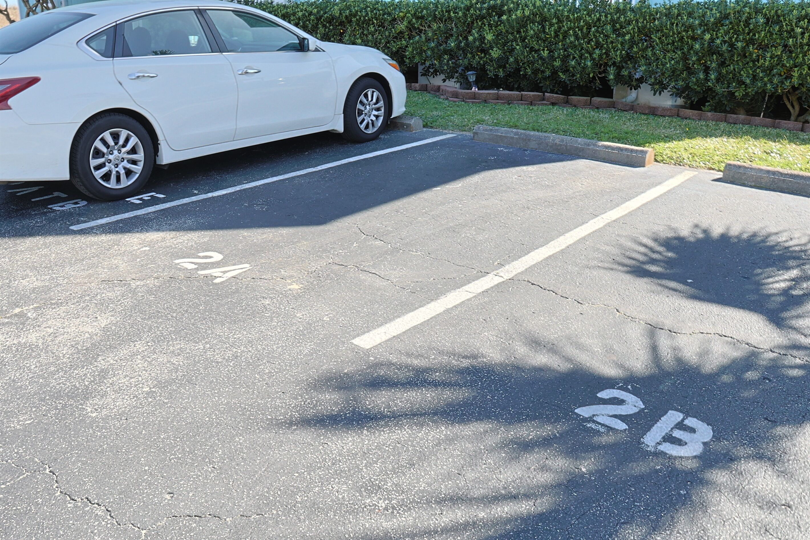 A parking space marked with numbers 24 and 2B, adjacent to a white car.
