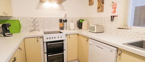 A compact kitchen with a built-in oven, a dishwasher, and a stovetop.