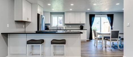 Fridge, microwave, oven, stovetop