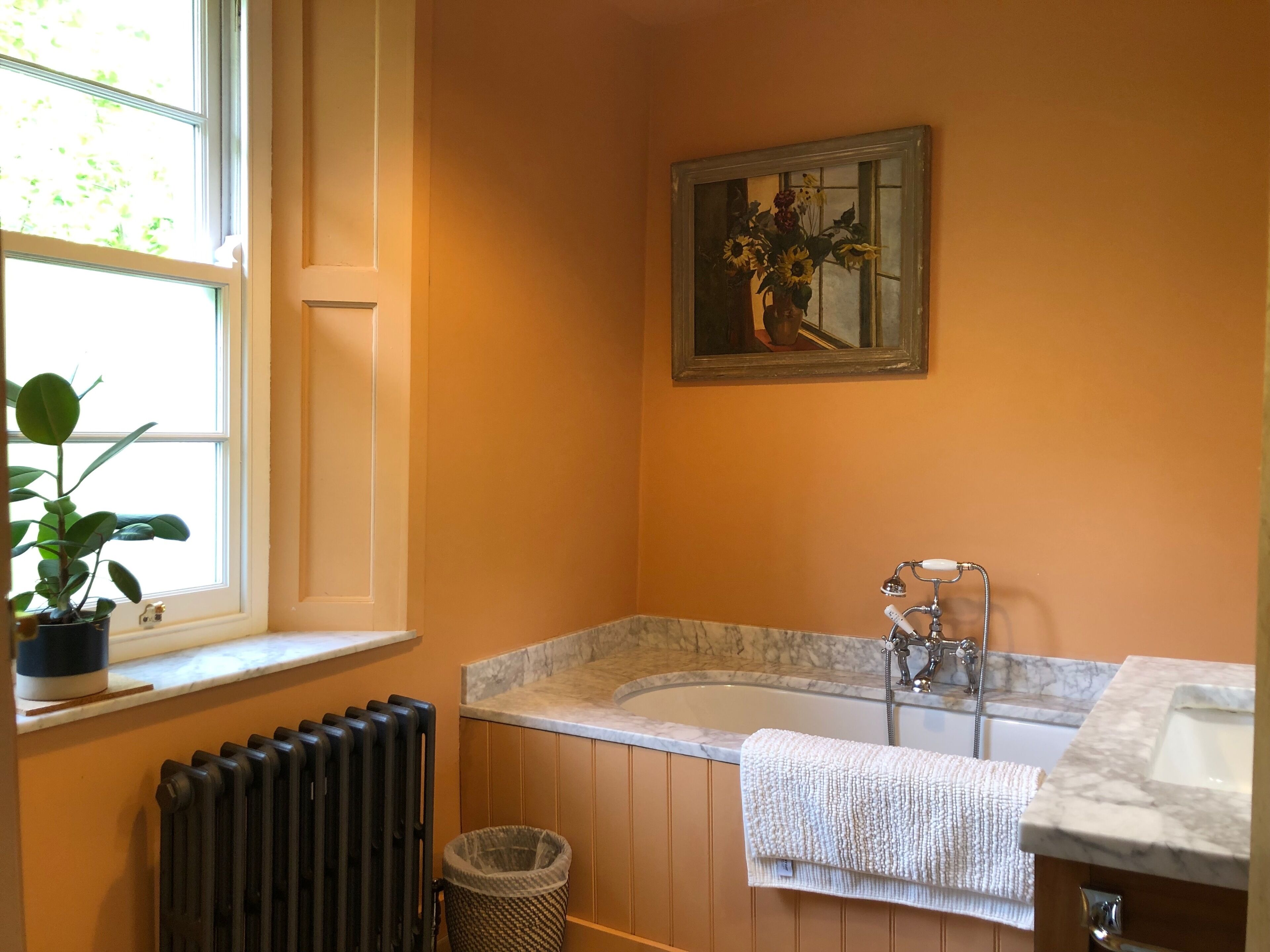 Une salle de bain avec une baignoire, un radiateur, une plante en pot, une poubelle et un tableau accroché au mur.