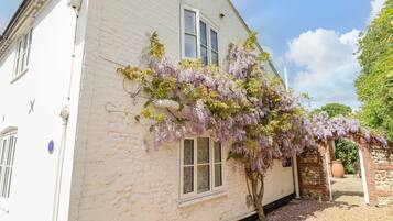 A white building with a brick archway, a window, and a tree with purple flowers.