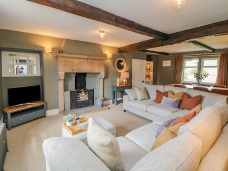 A cozy living room with a fireplace, a sofa set, and a television.
