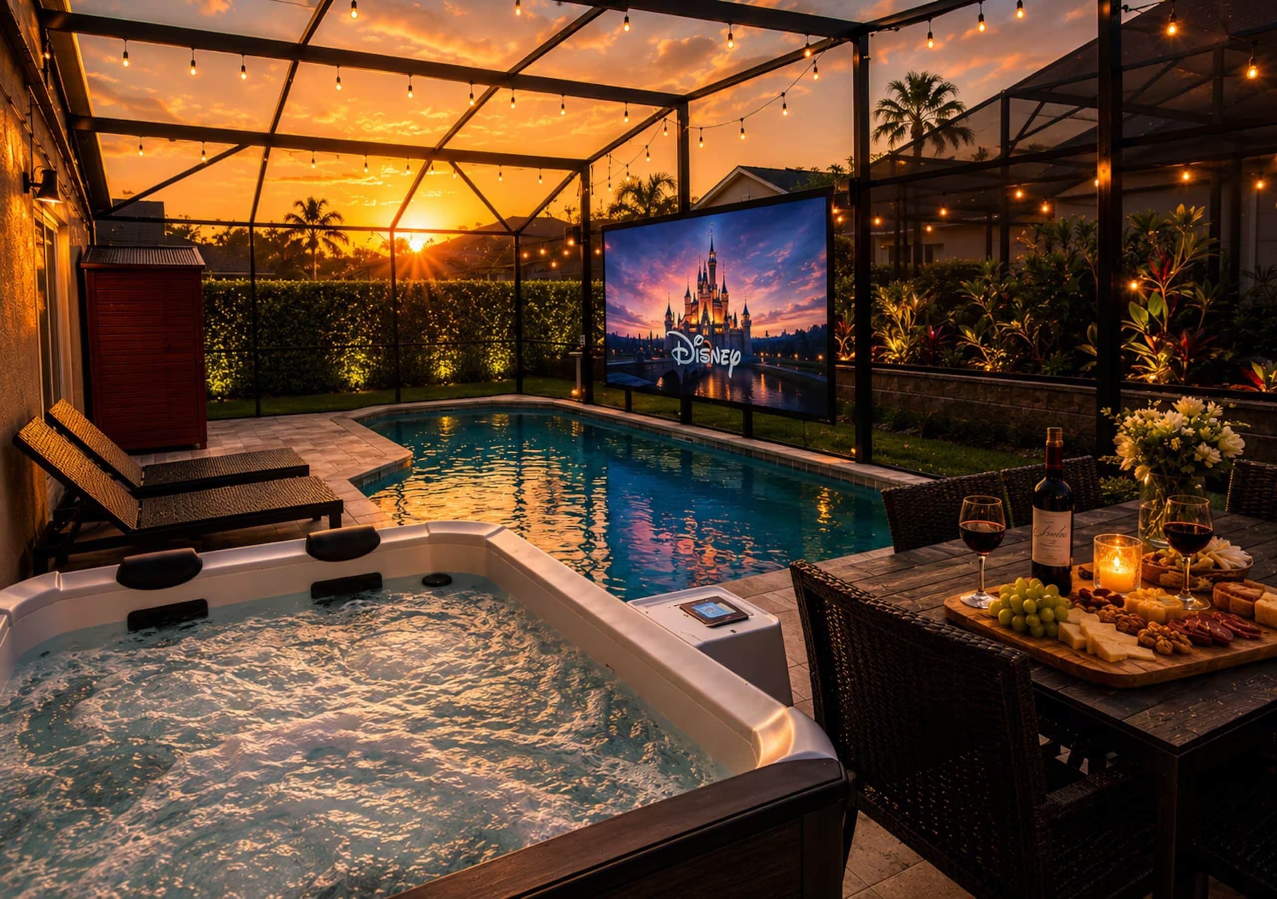 Un espace piscine doté d’un jacuzzi, de coins salon extérieurs et d’un écran diffusant des images d’un château Disney.