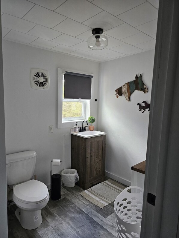 A bathroom with a toilet, sink, and shower.