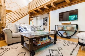 Smart TV, fireplace, books