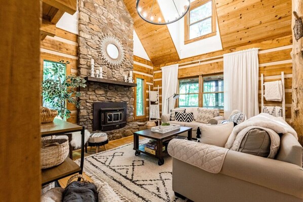 Smart TV, fireplace, books