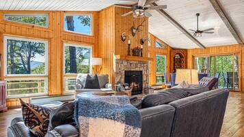 Smart TV, fireplace, books