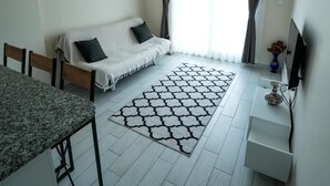 Un salon moderne avec un canapé, une table à manger, un téléviseur et un tapis à motifs.