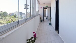 Un couloir doté de grandes fenêtres, de plantes en pot et d’un luminaire au plafond.