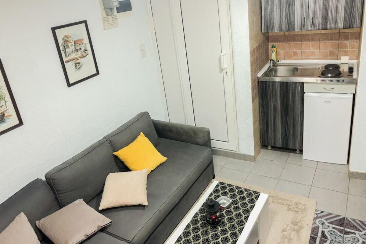 Un espacio habitable pequeño con un sofá gris, una mesa de centro, un tapete estampado, una kitchenette con estufa y fregadero, y una puerta blanca.