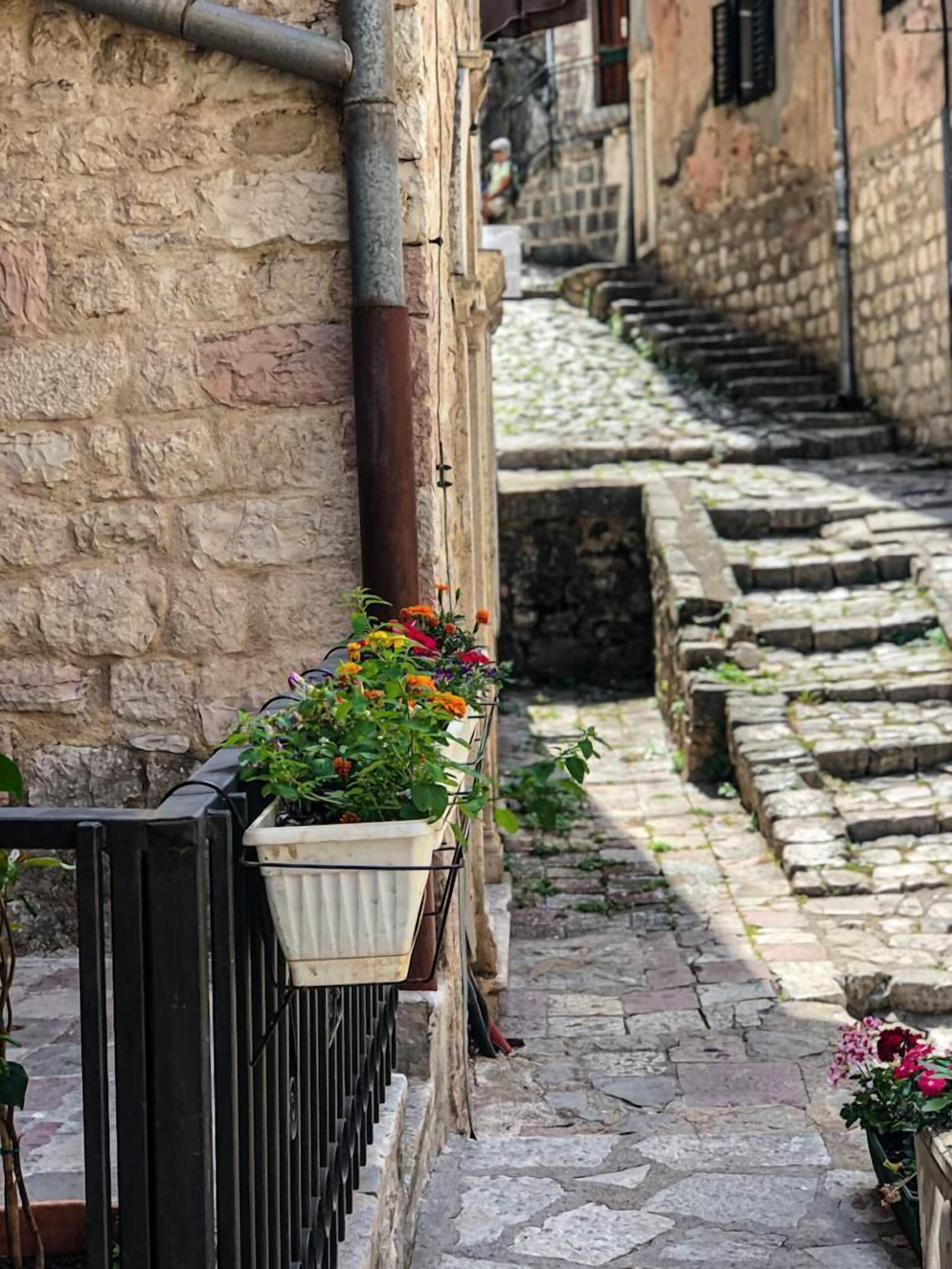 A narrow stone-paved street with a flower box on the left and a staircase on the right.
