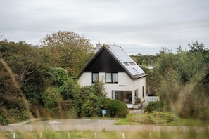 A modern house with a sloped roof, surrounded by dense greenery.