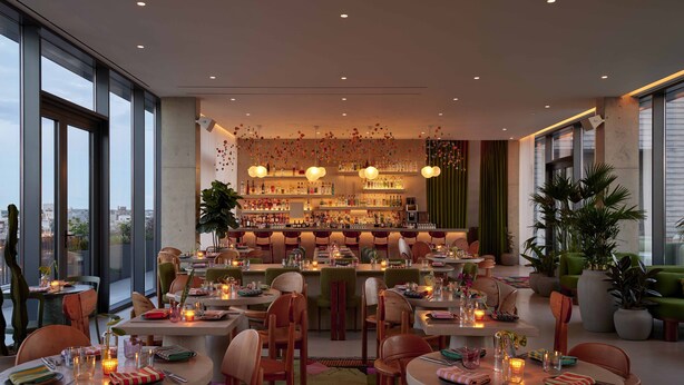 A modern restaurant with a bar area, large windows, and indoor plants. - Penny Williamsburg (Brooklyn)