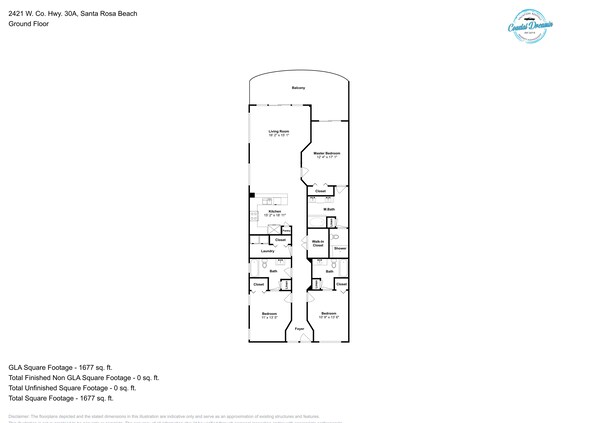 Plan d’étage d’un appartement situé au rez-de-chaussée, au 2421, route de comté Ouest, numéro 30A, à Santa Rosa Beach, comprenant un salon, une chambre principale, une cuisine, deux salles de bain et deux chambres.