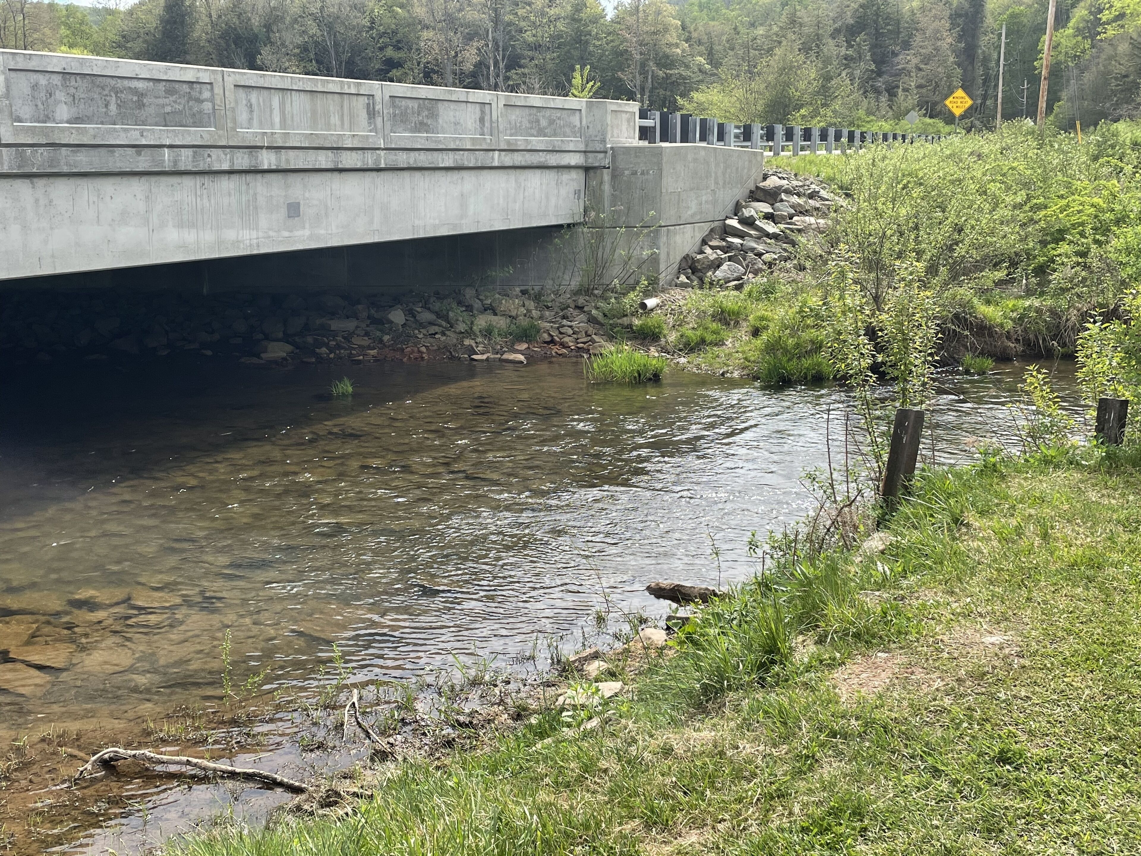 Eine Betonbrücke über einem klaren Bach, umgeben von Grün.