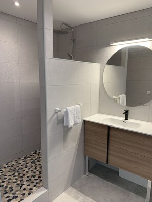 Dusch, hårtork, handdukar och toalettpapper