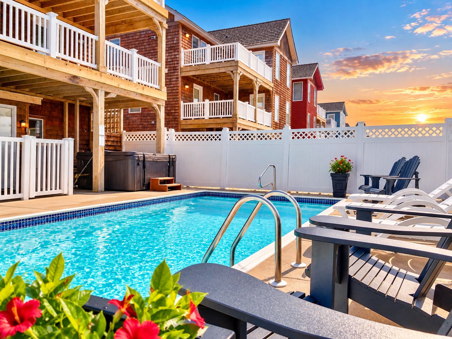 A swimming pool with a wooden deck, lounge chairs, and a barbecue area.