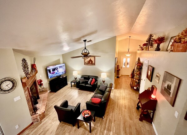 Smart TV, fireplace, video games, DVD player