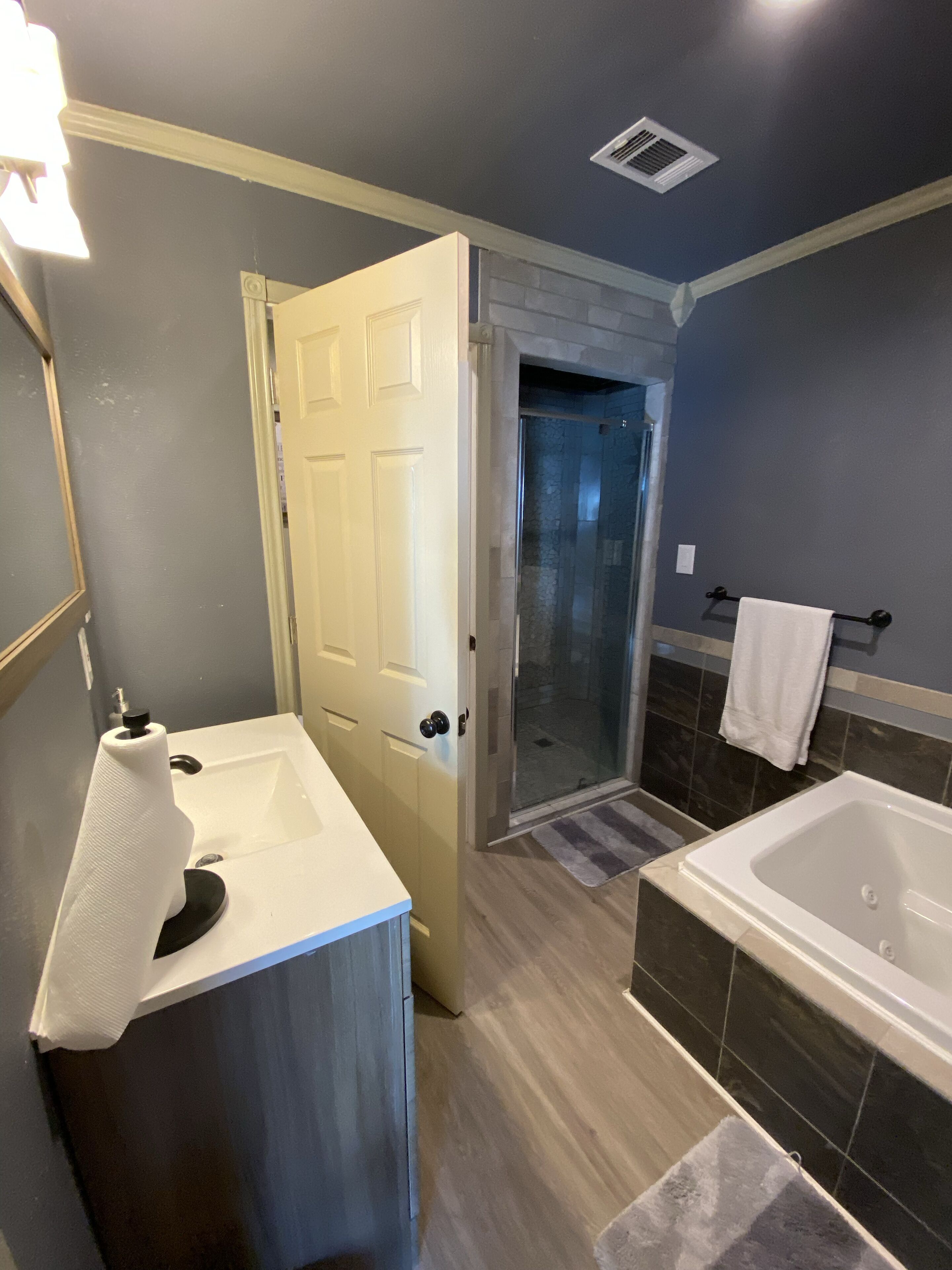 Shower, jetted tub, hair dryer, towels