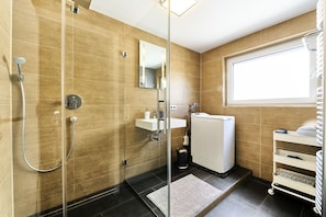 Shower, hair dryer, towels