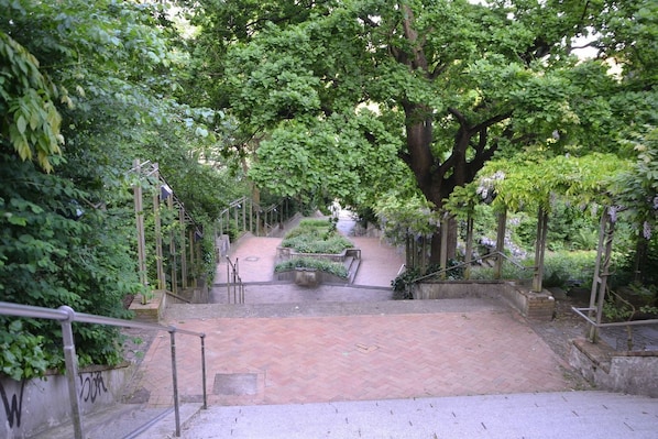 A pathway leading to a garden area with a central circular feature, surrounded by trees and a brick wall.