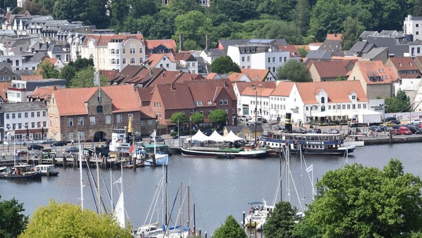 A harbor with boats, a marina, and buildings with red-tiled roofs.