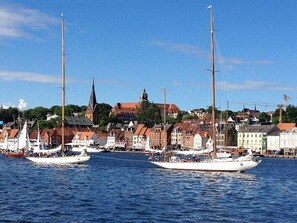 A harbor with several sailboats docked, a church steeple, and a row of houses in the background. - fewo1846 - Home Port: Flensburg - fewo1846 - Home Port: Flensburg / elegant (Flensburg)