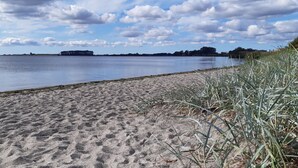 A sandy beach with a calm lake, grassy areas, and distant trees under a partly cloudy sky.
