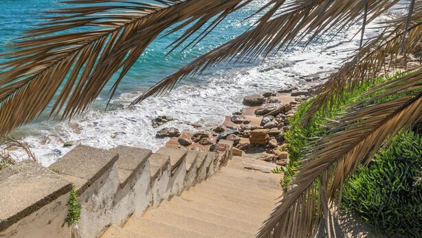 A concrete staircase leading to a rocky beach with ocean waves. - Magnífica duplex renovado con piscina garaje y jardín, frente a la playa de... (Los Caños de Meca)