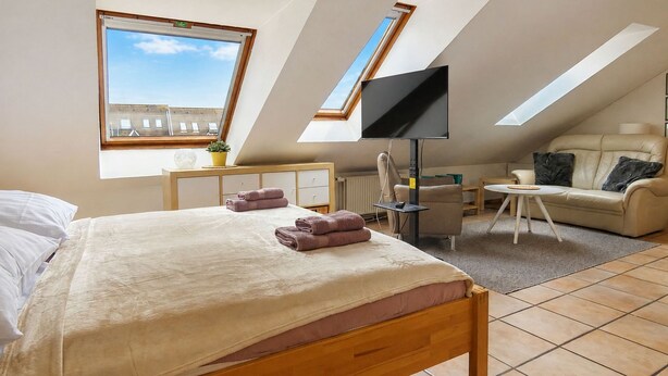 A bedroom with a bed, a desk, a TV, and a sofa. - fewo1846 - Little Mermaid (App. 666) / Studio apartment on the top floor - (Harrislee)