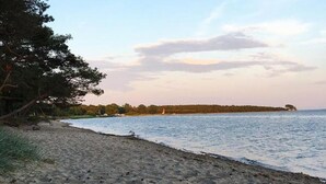 Una spiaggia con una battigia sabbiosa, un mare calmo e una costa lontana con alberi e una piccola isola.