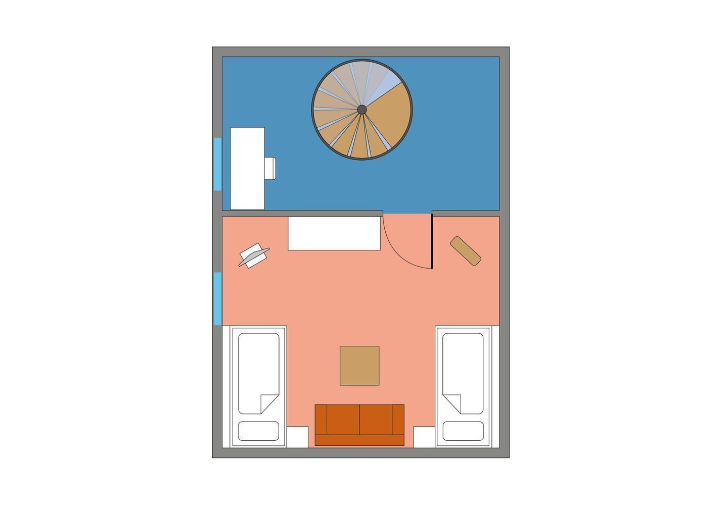 A room with a bed, a desk, a chair, a small table, and a circular window.