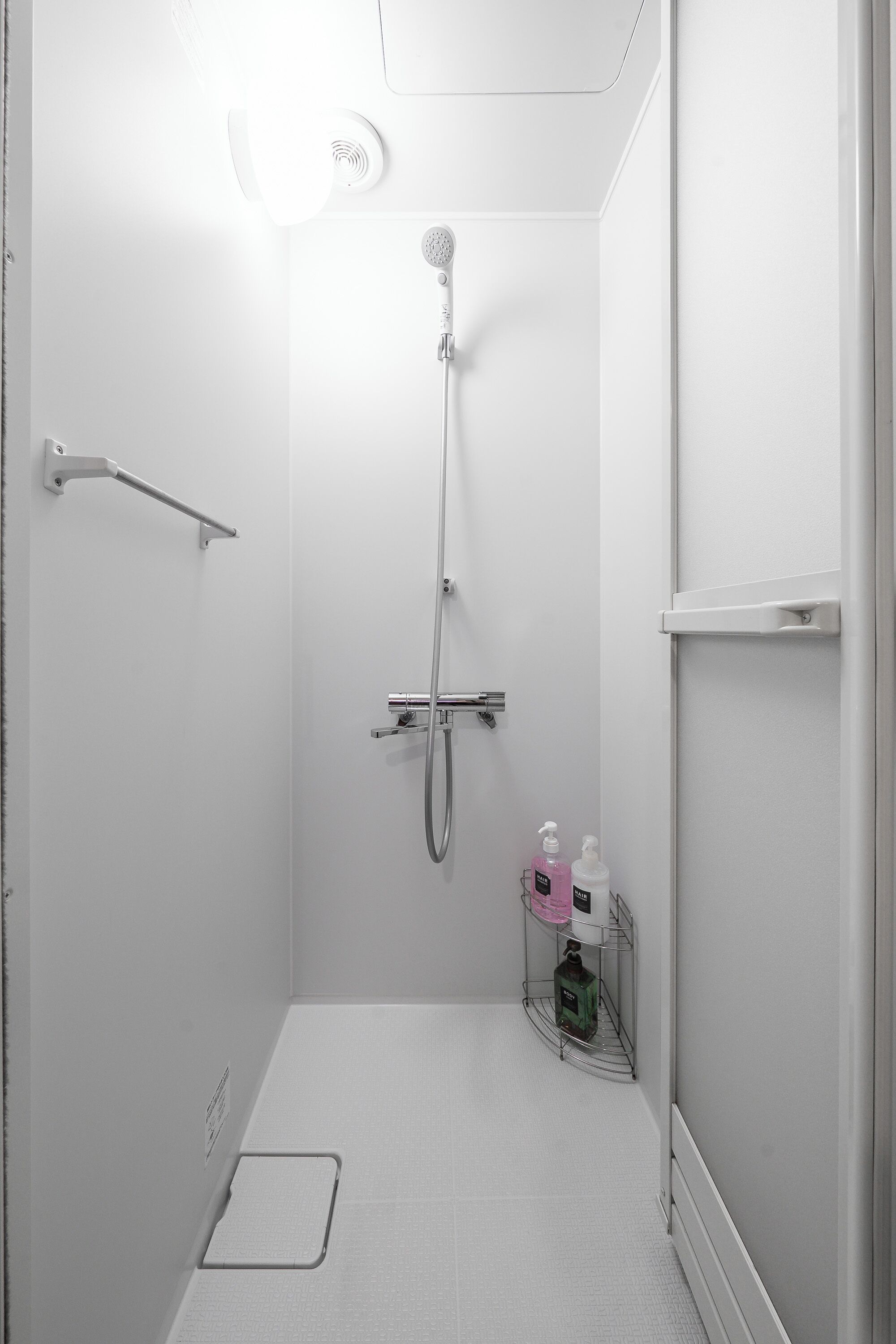 Ein kleines, weißes Badezimmer mit Dusche, Handläufer und Ablage für Toilettenartikel.